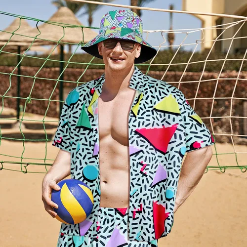 Vista 6 de Conjunto de 2 piezas de camisa y pantalones cortos retro de los años 80 y 90 con sombrero, trajes de playa hawaianos para hombres, fiesta