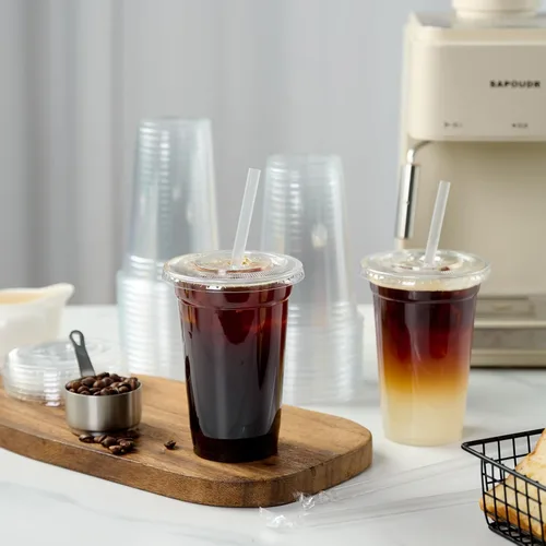 Vista 5 de Turbo Bee 200 juegos de vasos de plástico transparente de 12 onzas con tapas y pajitas, tazas de café helado desechables para llevar con tapas
