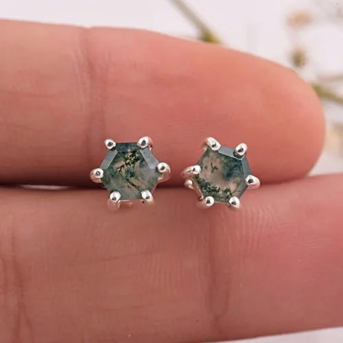 Vista 4 de Hexagon Cut moss agate studs, Natural moss agate earring, moss agate earring, nature earrings, 925 sterling silver stud,moss jewelry Free Ship