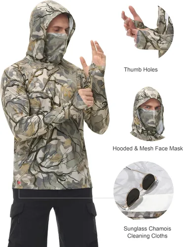 Vista 3 de FISHEAL - Camiseta de caza para hombre con máscara, con protección UPF 50+, de manga larga, con capucha y cordón ajustable de camuflaje