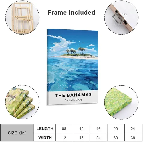 Vista 2 de Póster de viaje vintage de The Bahamas Exuma Cays de 08 x 12 pulgadas (7.9 x 11.8 in), póster de arte de pared y lienzo de arte de pared para sala