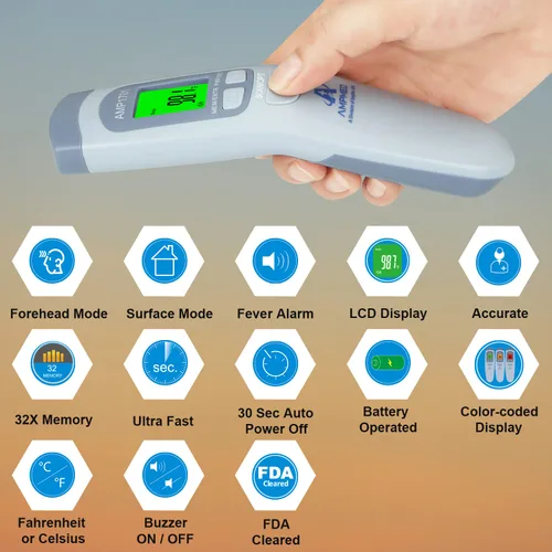 Vista 2 de Amplim Paquete de 2 termómetros infrarrojos digitales para la frente de grado médico y hospitalario sin contacto para bebés, niños y adultos.