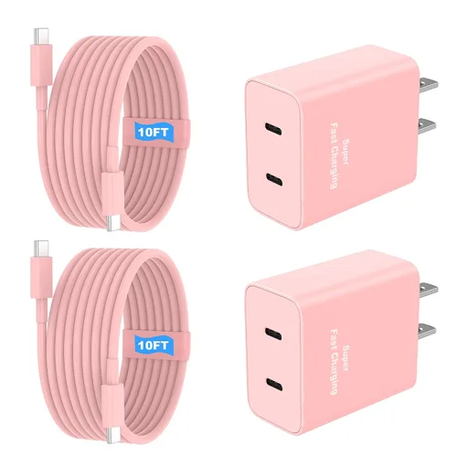 Vista 9 de Paquete de 2 cargadores súper rápidos USB C de doble puerto para teléfono Android tipo C, bloque de carga rápida con cable de carga tipo C de 6 pies