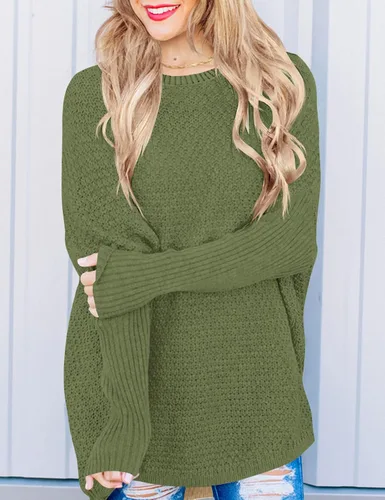 Vista 2 de FERBIA Suéteres de punto de gran tamaño con cuello redondo para mujer, estilo casual, manga larga, hombros caídos, holgados