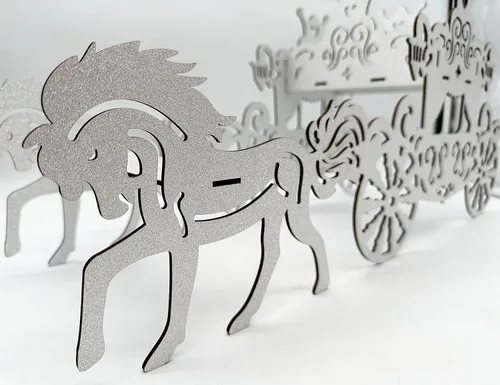 Vista 3 de Caballo y carruaje de madera 3D para cumpleaños, carruaje de princesa, centro de mesa, cenicienta, entrenador, regalos de boda, accesorios de boda
