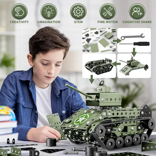 Vista 3 de Lucky Doug Juego de 284 piezas de proyectos de construcción STEM, tanque de ejército modelo, juguetes de construcción para niños de 8 a 12 años, kit