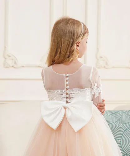 Vista 5 de Vestido de princesa de manga larga con encaje de marfil blanco para niña de flores, vestido de desfile GZY202 Color: como el de la imagen.