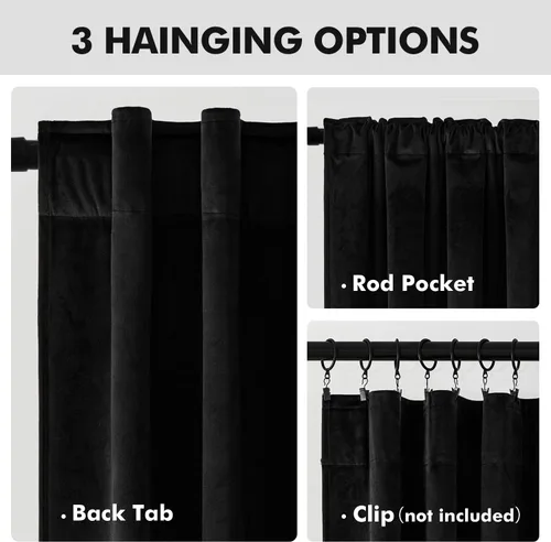 Vista 3 de EMEMA Cortinas de terciopelo negro, 2 paneles de 40 x 63 pulgadas de largo, bolsillo trasero para barra