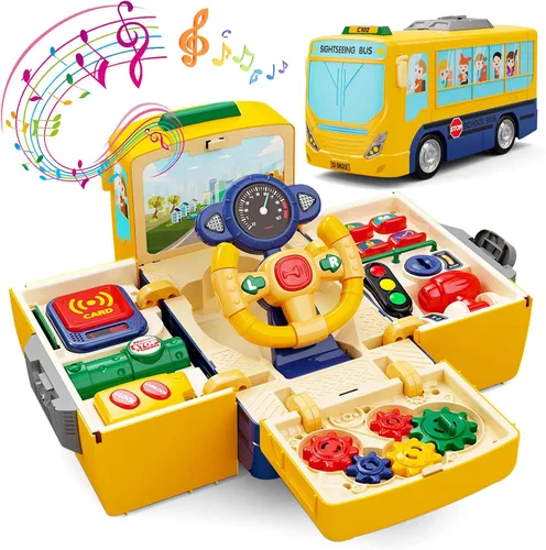 Vista 7 de HONGTUO Juguete de Autobús con Sonido y Luz, Juguete de Volante de Simulación con Engranajes, Juguetes de Autobús para Niños Pequeños con Música