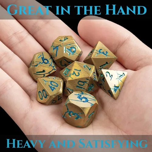 Vista 5 de Dados de metal con ruinas de hierro agrietado + dados de metal dorado con grietas azules