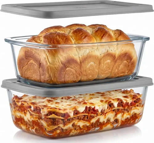 Vista 9 de NutriChef Juego de 4 moldes de vidrio para pan con tapas, apilables de 1.9 cuartos de galón / 62 onzas, 2 recipientes de almacenamiento de alimentos