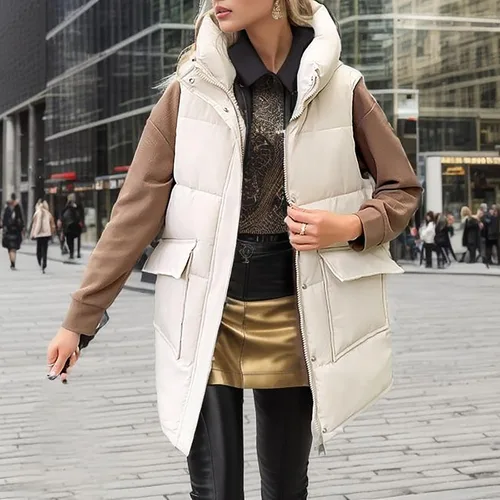 Vista 7 de Chaquetas acolchadas y ligeras para mujer, cuello alto, cremallera, con capucha, para invierno, a la moda, holgada, chaleco acolchado