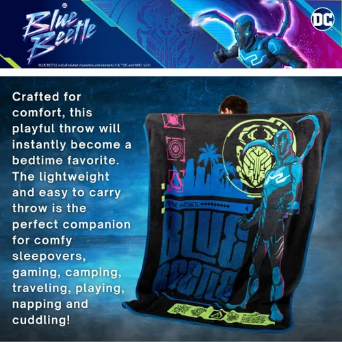 Vista 2 de WB Blue Beetle Movie - Manta súper suave de micro raschel para niños, 46 x 60 pulgadas, (producto oficial con licencia) por Franco
