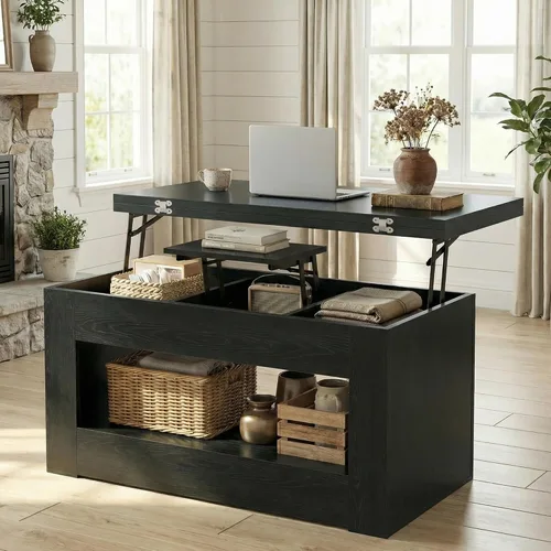 Vista 8 de UNIQUITE Mesa de centro elevable de 40 pulgadas, mesas auxiliares de elevación multifunción 4 en 1 con almacenamiento y compartimento oculto, mesas
