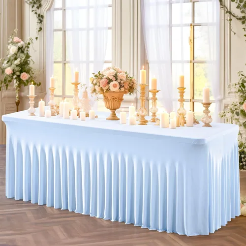 Vista 5 de Paquete de 2 manteles color azul bebé para mesa rectangular de 4 pies, manteles de elastano elásticos de 4 pies, falda blanca rectangular para baby