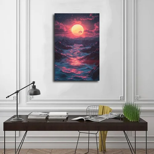 Vista 3 de Retro Futuristic Vaporwave Wall Art – Neon Synthwave Poster for Bedroom Or Studio Decor Modern Wall Prints Abstract Geometric Minimalist Art Framed
