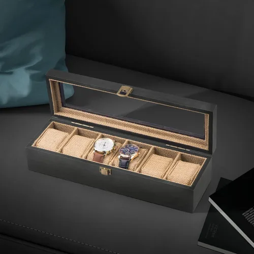 Vista 7 de Alsonerbay Caja de reloj con 6 ranuras para hombres y mujeres, organizador de reloj negro, soporte de almacenamiento de madera con cerradura