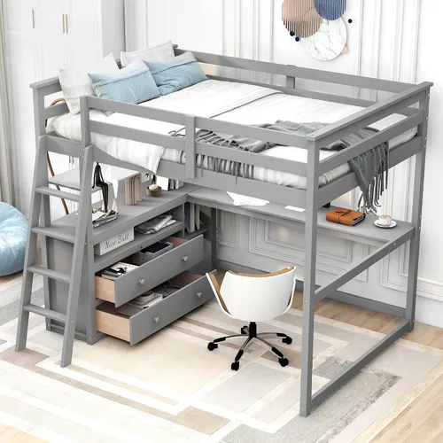 Vista 12 de Merax Cama tipo loft de madera de tamaño individual con escritorio en forma de L, 2 cajones integrados/2 estantes, cama tipo loft multifuncional