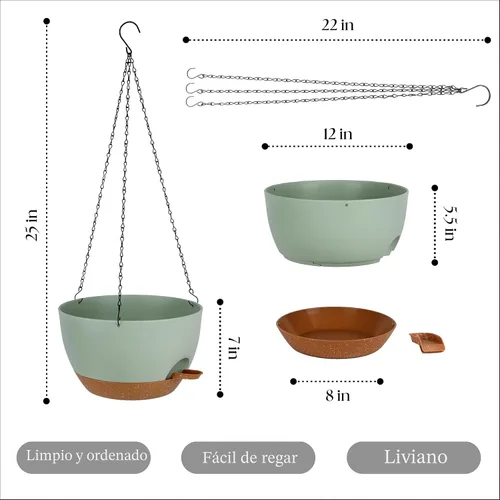 Vista 2 de TYMENSH Macetas colgantes de 12 pulgadas, juego de 2 macetas colgantes de riego automático con agujeros de drenaje, platillo extraíble, macetas