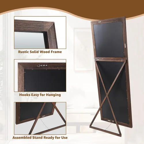 Vista 6 de MELOMOIR Espejo rústico de madera maciza de cuerpo completo, 64 x 21 pulgadas, color marrón carbón Solid Wood Frame, Shatterproof Tempered Glass