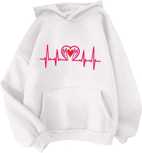 Vista 2 de HUCHPI Sudaderas con capucha de moda para mujer, talla grande, manga larga, con cordón, estampado de amor, sudadera de invierno con bolsillo