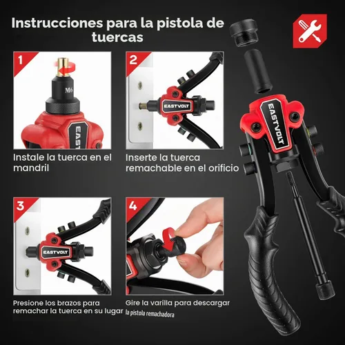 Vista 6 de Eastvolt Herramienta de tuerca de remache, remache de mano 3 en 1, pistola de remache, herramienta de tuerca de remache 3 en 1, incluye 60 tuercas