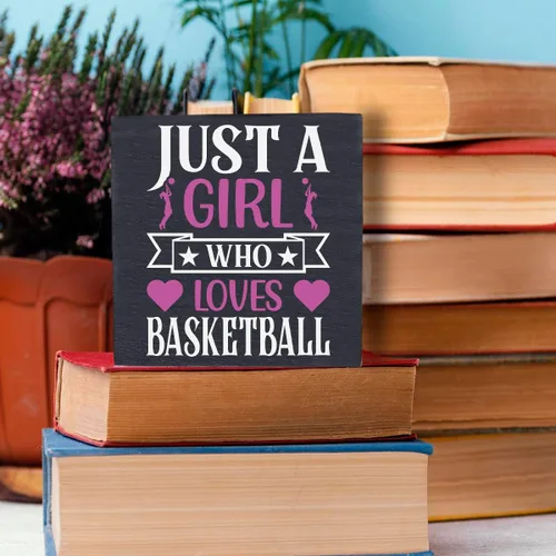 Vista 5 de HTBIG Funny Just a Girl Who Loves Basketball Box Sign Rustic Basketball Lovers Wood Box Sign Art Home Girl Bedroom Shelf Desk Decor 5 x 5 pulgadas