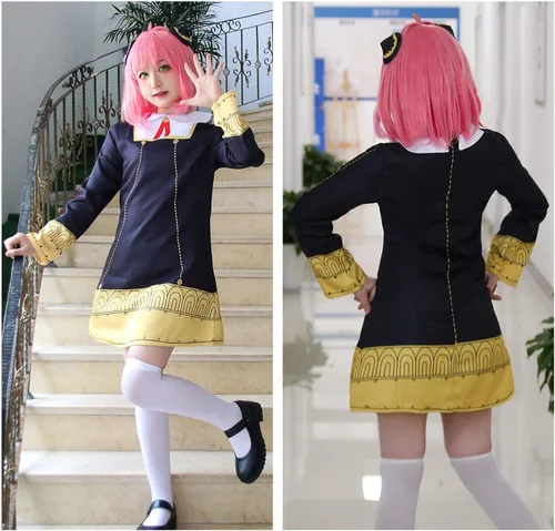 Vista 7 de TopTok Anya Forger - Disfraz de uniforme escolar conjunto completo de Halloween negro y amarillo talla S