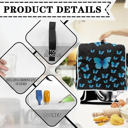 Vista 5 de Veniyate Cubierta de mezclador de ayuda de cocina con estampado de mariposas azules, a prueba de polvo, con bolsillos de almacenamiento de Mariposa