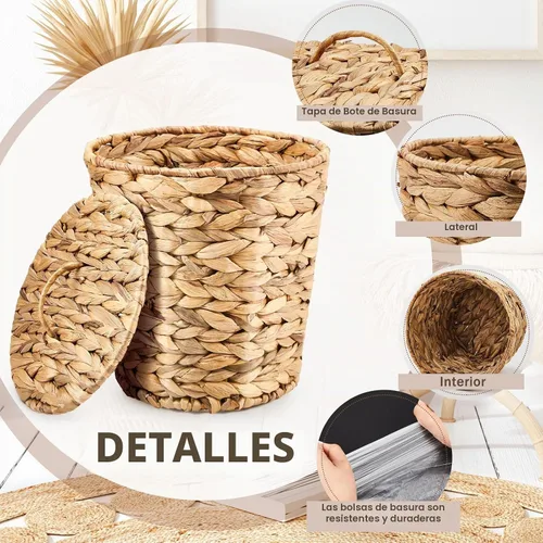 Vista 4 de Ctosree 2 Piezas Cestas de Basura de Mimbre Cesto de Residuos Tejido con Tapa Papelera de Baño Contenedor de Basura con 100 Bolsas de Basura