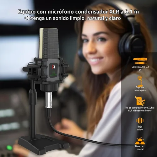 Vista 2 de RHM M9 Paquete de equipo de podcast, interfaz de audio todo en uno con micrófono y auriculares, 13 efectos de sonido, soporte para cambio
