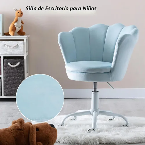 Vista 4 de Silla de escritorio de terciopelo para niños, bonita silla de computadora moderna tapizada, con brazo giratorio, silla de tocador ajustable