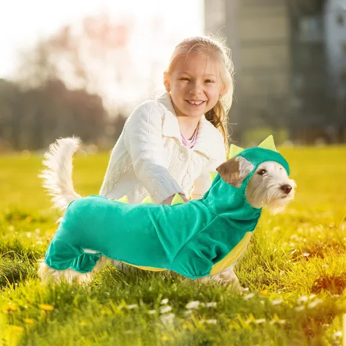 Vista 4 de Hotumn Disfraz de dinosaurio para perro, disfraz de Halloween con capucha de dinosaurio para perros pequeños (XS, verde)