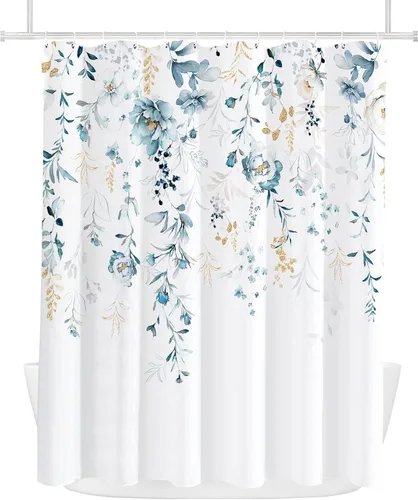 Vista 4 de Tititex Cortina de ducha estética floral azul, hojas doradas de acuarela en la parte superior, decoración de baño, juego de cortinas de ducha de 72
