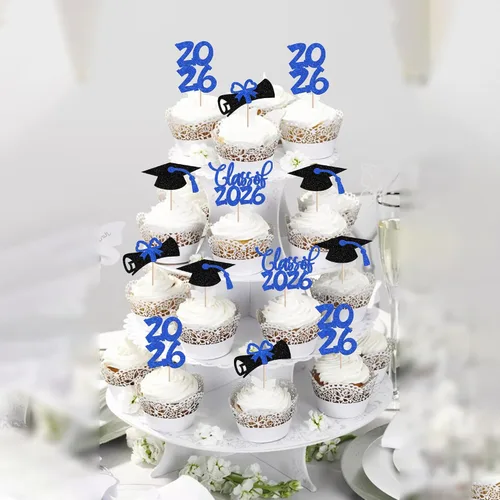 Vista 6 de 24 piezas 2026 temáticas de graduación 2026 decoraciones para cupcakes con purpurina clase de 2026 Diploma Congrats 2026 Tapa de graduación