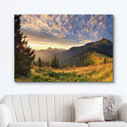 Vista 2 de wall26 Lienzo impreso para pared, atardecer sobre la montaña dorada, bosque, paisaje, naturaleza, vida silvestre, fotografía, realismo, rústico