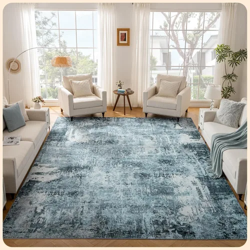 Vista 374 de Istana Alfombra larga antideslizante de 2.5 x 8 para el hogar, para pasillo y cocina, lavable, sedosa y suave al tacto, elegante, color azul y marfil