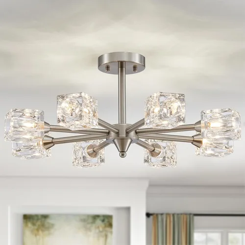 Vista 20 de XINGQI Lámpara de techo moderna de 6 luces, lámpara de montaje semiempotrado Sputnik, lámparas de araña doradas en negro para recámara, comedor
