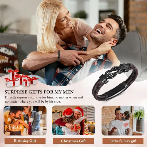 Vista 5 de MEALGUET Men's Bracelets Gifts for Men - Brown Braided Leather Infinity Knot Bracelets Engraved Love Massage for Son Man Husband Boyfriend, Mens