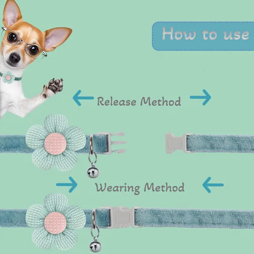 Vista 3 de Collar para perros pequeños con flor, collares para cachorros, collares para perros pequeños con campana, para hembras y machos pequeños