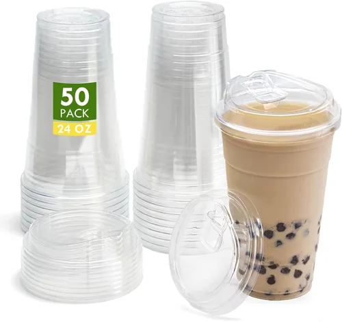 Vista 8 de Juego de 50 vasos de plástico transparente de 12 onzas con tapas para sorber sin pajilla, sin BPA, a prueba de fugas, resistentes a las grietas