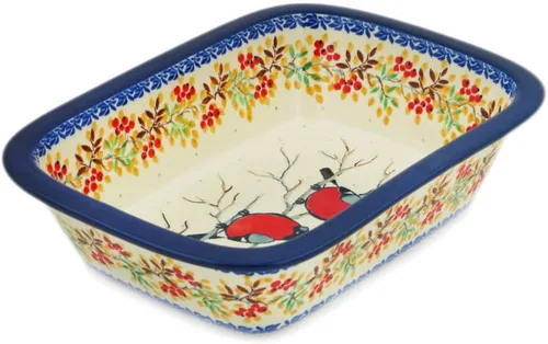 Vista 2 de Auténtica cerámica polaca rectangular Baker Signature UNIKAT en camachuelo en serbal diseño hecho a mano en Bolesławiec Polonia por Ceramika
