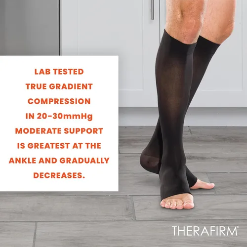 Vista 5 de THERAFIRM Medias altas hasta la rodilla con punta abierta, 20-30 mmHg con soporte de compresión moderada