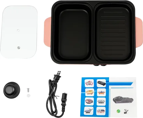 Vista 2 de Olla caliente 2 en 1 rosa con parrilla, olla caliente eléctrica de 1200 W, sin humo, antiadherente, para hornear y plancha, control de temperatura