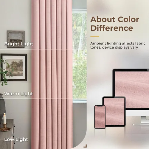 Vista 8 de INOVADAY Cortinas 100% opacas para dormitorio, cortinas opacas de color rosa bebé de 90 pulgadas de largo, cortinas opacas de lino con anillos