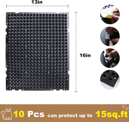 Vista 3 de Paquete de 10 alfombrillas de protección contra gatos de 13 x 16 pulgadas, para interiores y exteriores, valla repelente de gatos humanitaria (negro)