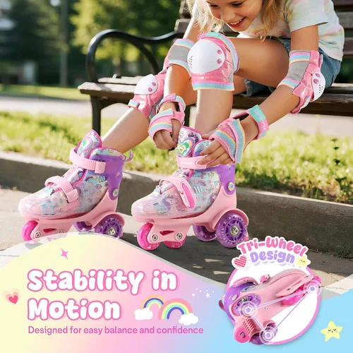 Vista 2 de Patines para niños pequeños (unicornio arcoíris, XS) + juego de equipo de protección rosa con bolsa de cordón (S)
