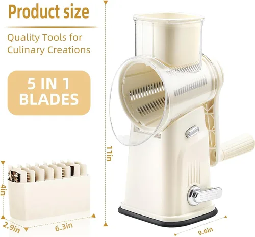 Vista 2 de Rallador rotativo de queso con asa, triturador de verduras con 5 cuchillas reemplazables y base de succión fuerte, rebanador redondo de alimentos