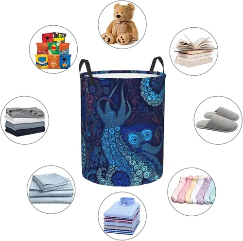 Vista 6 de Cesta circular con estampado de pulpo azul, impermeable, cesta organizadora de lavandería, con asas, para ropa, juguetes, pequeña