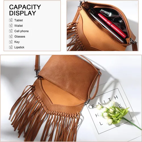 Vista 5 de Bolso Hobo con flecos para mujer, bolso de hombro con borla vintage, bolsos negros con borlas